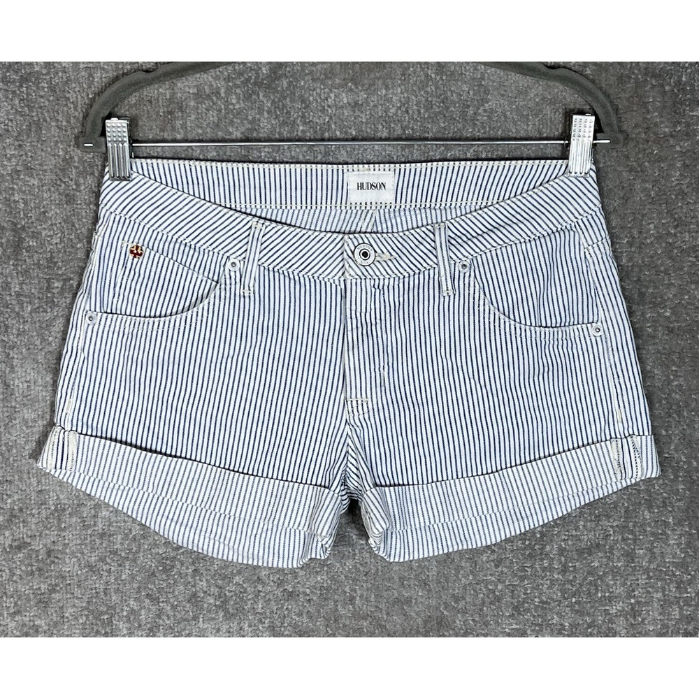 Hudson Hampton Cuffed Micro Mini Jean Shorts Womens Size 27 Blue Stripe Pockets